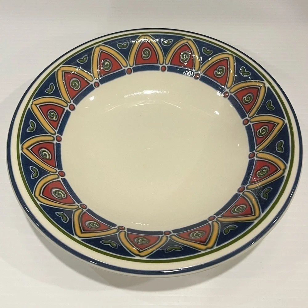 Pier 1 Bowl Red, Blue. Yellow Geometric Pattern 8 1/4 inches